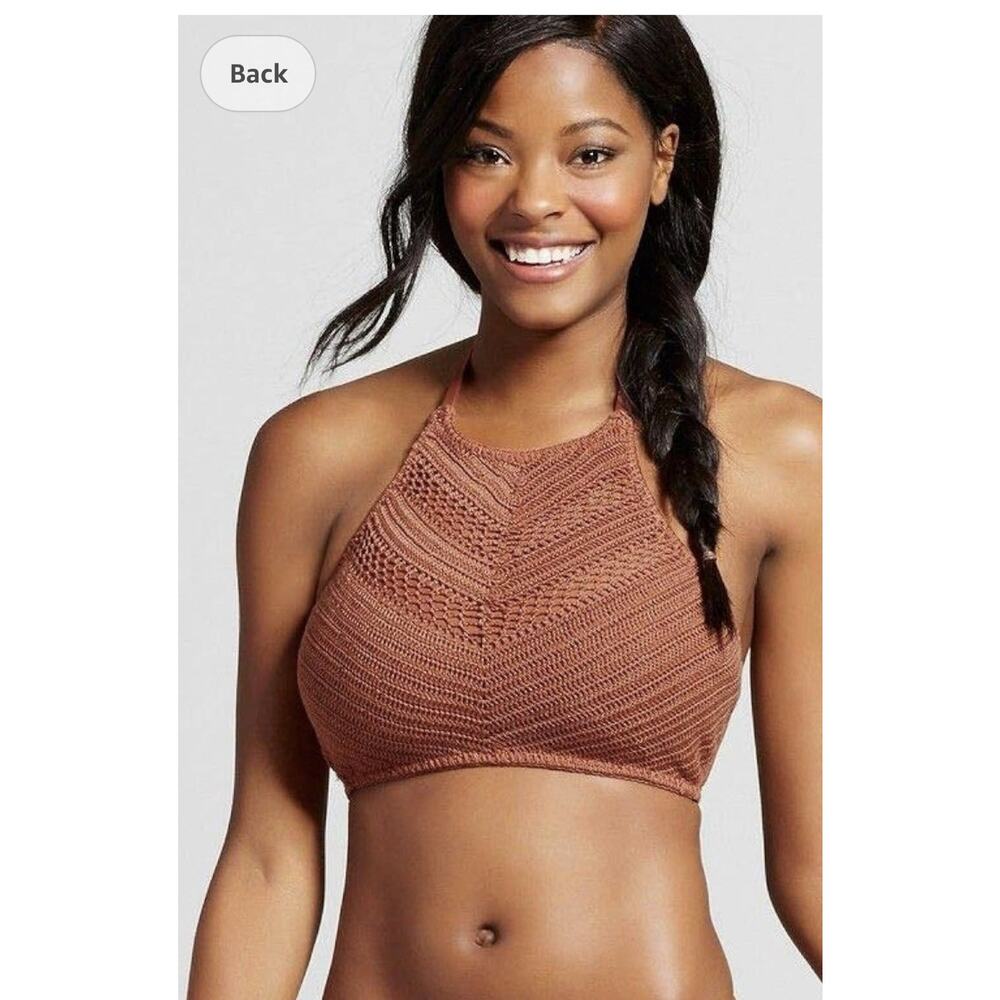Crochet Knit Halter Bikini Top Womens Sz M Rust Brown Festival Boho Xhilaration